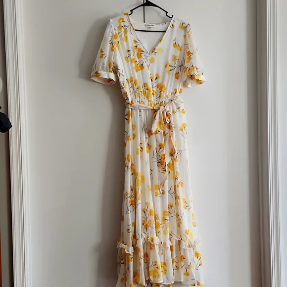 calvin klein maxi floral dress V Neck Calvin Klein Floral Dresses Calvin Klein Pink Floral V-Neck Pleated  Chiffon Maxi Dress